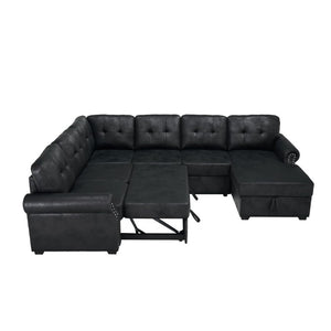 English Elm Faux Leather Tufted U-Shaped Sectional with Pull Out Sleeper and Chaise Storage B2748S00243