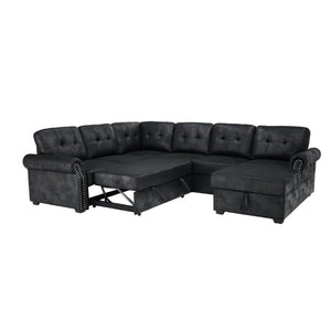English Elm Faux Leather Tufted U-Shaped Sectional with Pull Out Sleeper and Chaise Storage B2748S00243
