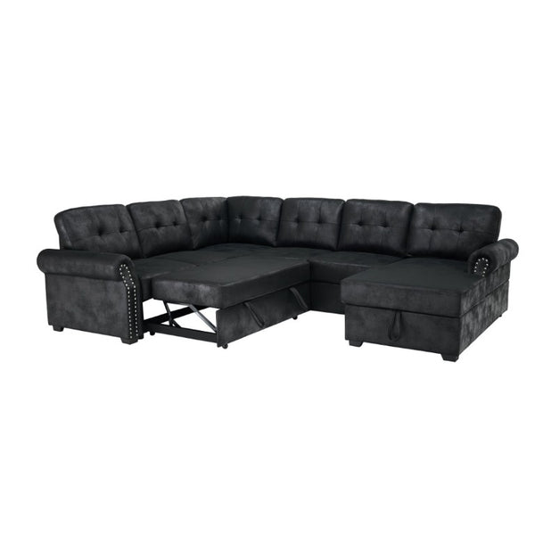 English Elm Faux Leather Tufted U-Shaped Sectional with Pull Out Sleeper and Chaise Storage B2748S00243