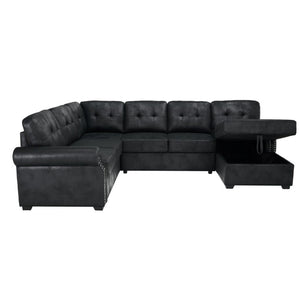 English Elm Faux Leather Tufted U-Shaped Sectional with Pull Out Sleeper and Chaise Storage B2748S00243