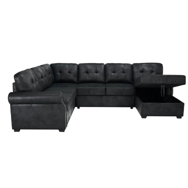 English Elm Faux Leather Tufted U-Shaped Sectional with Pull Out Sleeper and Chaise Storage B2748S00243