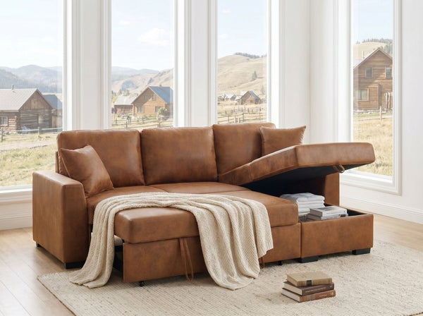 English Elm Corduroy Sectional with Modular Layout Plush Ribbed Upholstery and Two Ottomans Included Brown Faux Leather B2748S00246