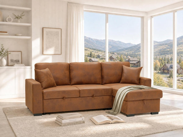 English Elm Corduroy Sectional with Modular Layout Plush Ribbed Upholstery and Two Ottomans Included Brown Faux Leather B2748S00246