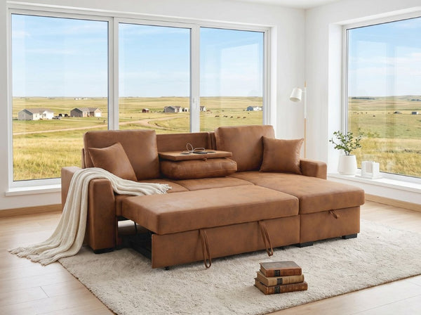 English Elm Corduroy Sectional with Modular Layout Plush Ribbed Upholstery and Two Ottomans Included Brown Faux Leather B2748S00246
