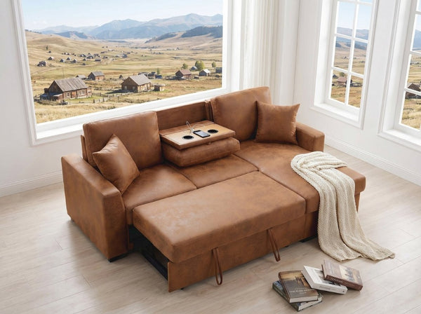 English Elm Corduroy Sectional with Modular Layout Plush Ribbed Upholstery and Two Ottomans Included Brown Faux Leather B2748S00246