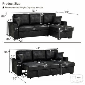 English Elm 94 Inch Convertible Sectional Sleeper Sofa with Reversible Chaise and Hidden Storage Faux Leather 94 inches B2748S00247