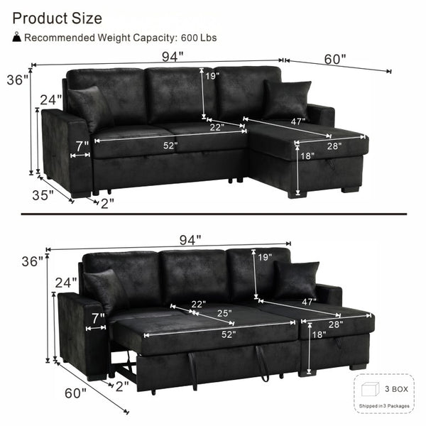 English Elm 94 Inch Convertible Sectional Sleeper Sofa with Reversible Chaise and Hidden Storage Faux Leather 94 inches B2748S00247
