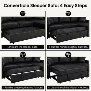 English Elm 94 Inch Convertible Sectional Sleeper Sofa with Reversible Chaise and Hidden Storage Faux Leather 94 inches B2748S00247