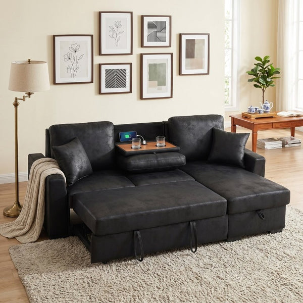 English Elm 94 Inch Convertible Sectional Sleeper Sofa with Reversible Chaise and Hidden Storage Faux Leather 94 inches B2748S00247