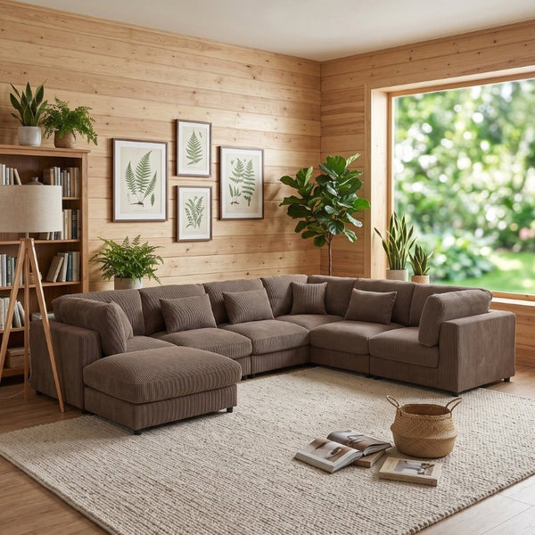 English Elm Corduroy Modular Sectional with Ridged Texture and Flexible Open Plan Living Room Seating B2748S00278