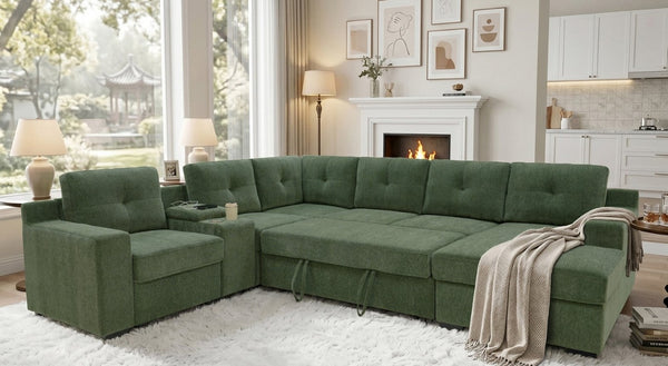 English Elm Chenille U-Shaped Sectional Sleeper with Console Storage and USB Charging Port B2748S00282