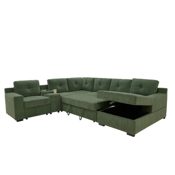 English Elm Chenille U-Shaped Sectional Sleeper with Console Storage and USB Charging Port B2748S00282