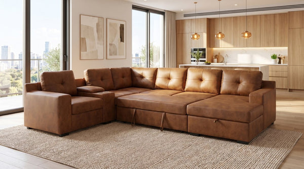 English Elm Hot-Stamping Chenille U-Shaped Sectional with Console Storage and Pull-Out Sleeper B2748S00283
