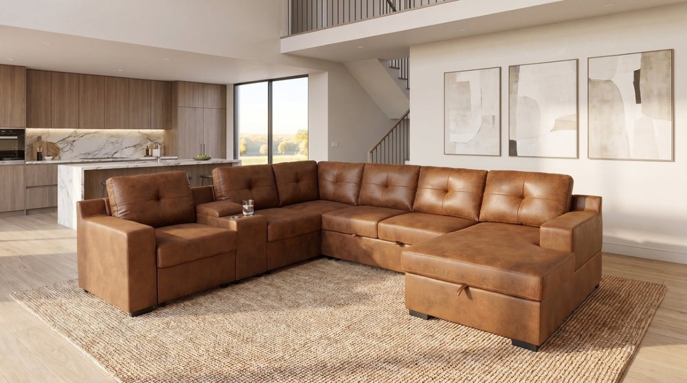 English Elm Hot-Stamping Chenille U-Shaped Sectional with Console Storage and Pull-Out Sleeper B2748S00283