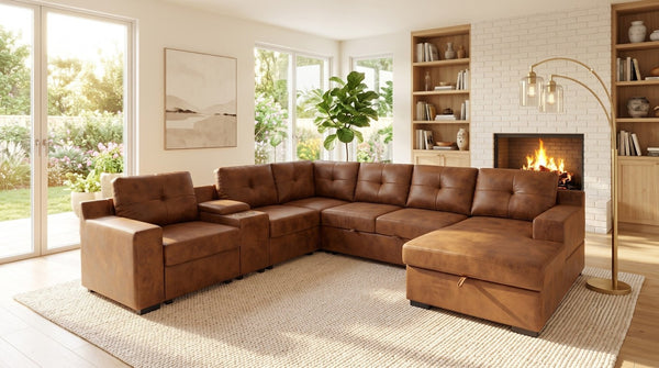 English Elm Hot-Stamping Chenille U-Shaped Sectional with Console Storage and Pull-Out Sleeper B2748S00283