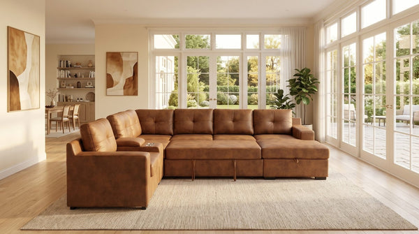 English Elm Hot-Stamping Chenille U-Shaped Sectional with Console Storage and Pull-Out Sleeper B2748S00283