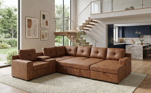English Elm Hot-Stamping Chenille U-Shaped Sectional with Console Storage and Pull-Out Sleeper B2748S00283