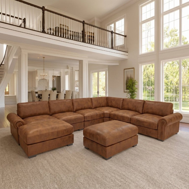 English Elm Modular Sectional with Silver Stud Arms and Two Ottomans for Open Living Rooms B2748S00284