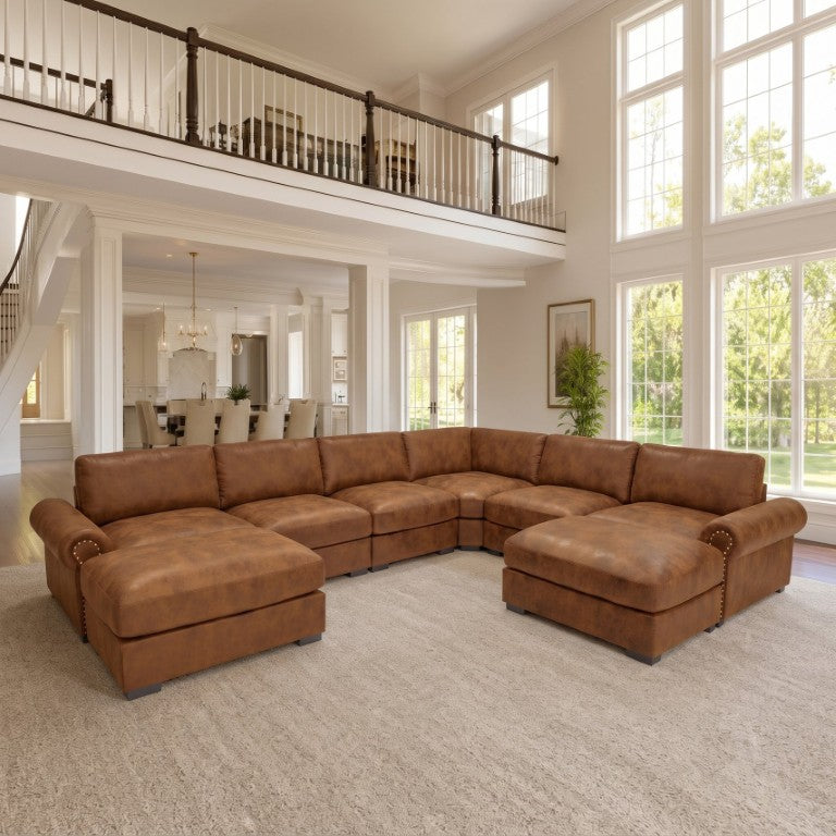 English Elm Modular Sectional with Silver Stud Arms and Two Ottomans for Open Living Rooms B2748S00284