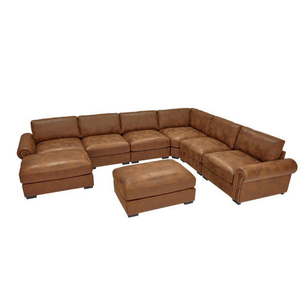 English Elm Modular Sectional with Silver Stud Arms and Two Ottomans for Open Living Rooms B2748S00284