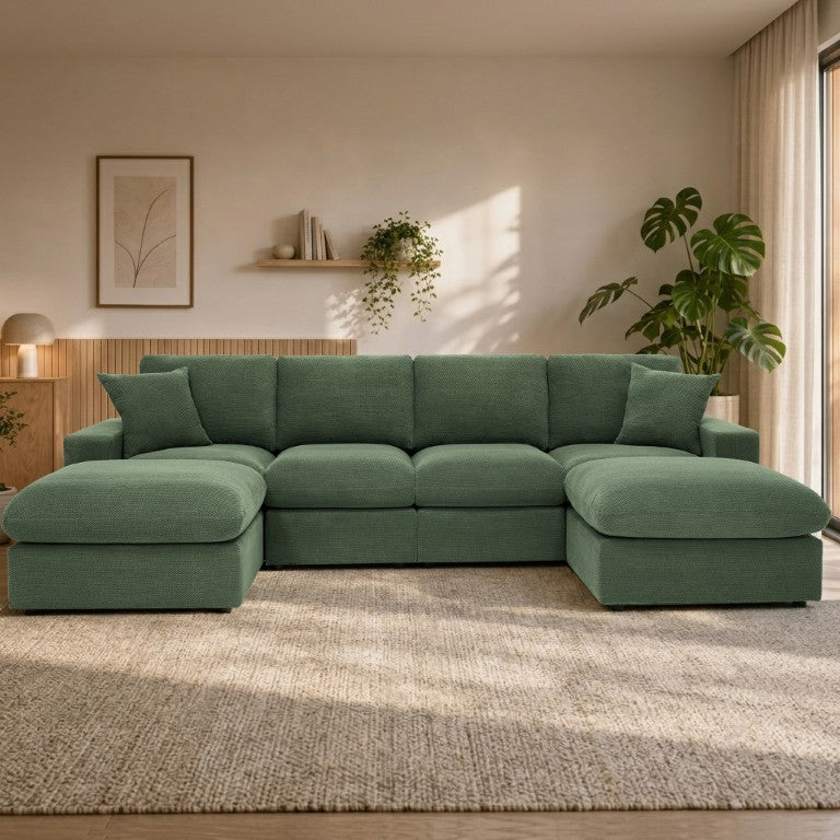 English Elm Coffee Bean Fabric Sectional with Two Ottomans for Spacious Living Room Lounging Dark Green B2748S00286