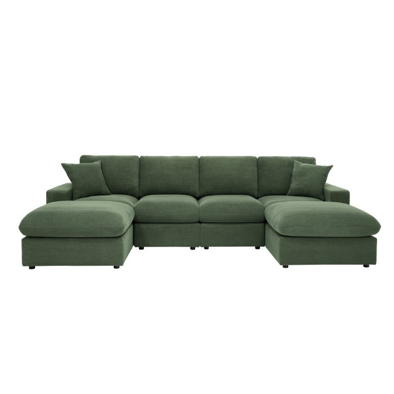 English Elm Coffee Bean Fabric Sectional with Two Ottomans for Spacious Living Room Lounging Dark Green B2748S00286