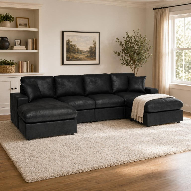 English Elm Hot-Stamping Fabric Sectional with Two Ottomans for Plush Living Room Lounging Black B2748S00288
