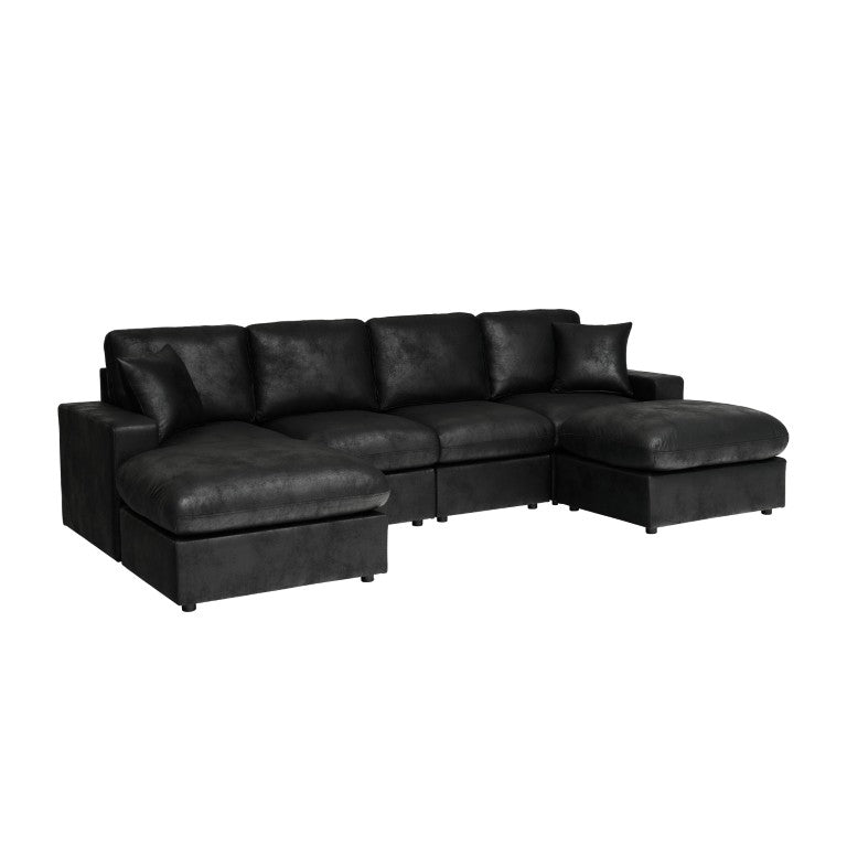 English Elm Hot-Stamping Fabric Sectional with Two Ottomans for Plush Living Room Lounging Black B2748S00288
