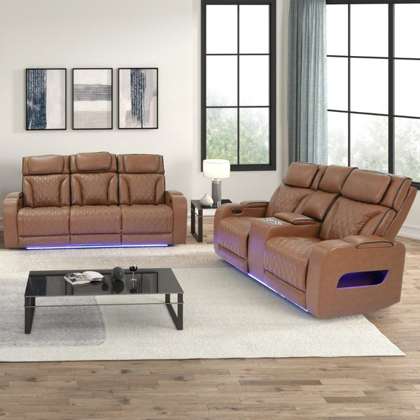 English Elm Jazmina Quilted Leather Aire Power Reclining Living Room Set with Tech Console B2749S00366