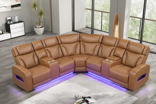 English Elm Jazmina Quilted Leather Aire Power Reclining Sectional with Led Bluetooth Storage B2749S00371