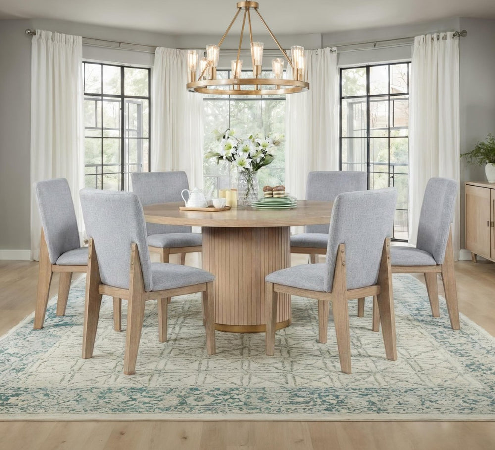 English Elm Cesare Round Oak Veneer Pedestal Dining Set Seating Six with Gray Linen Chairs B2749S00372