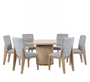 English Elm Cesare Round Oak Veneer Pedestal Dining Set Seating Six with Gray Linen Chairs B2749S00372