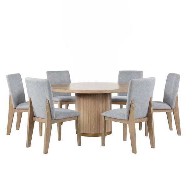 English Elm Cesare Round Oak Veneer Pedestal Dining Set Seating Six with Gray Linen Chairs B2749S00372