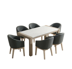 English Elm Louisa 7 Piece Dining Set Faux Marble Table with Six Gray Barrel Chairs Oak Legs B2749S00373