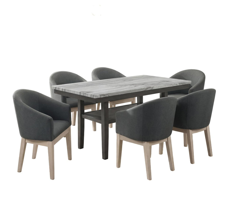 English Elm Luna 7 Piece Faux Marble Dining Set Seats Six with Barrel Chairs and Storage Shelf B2749S00374