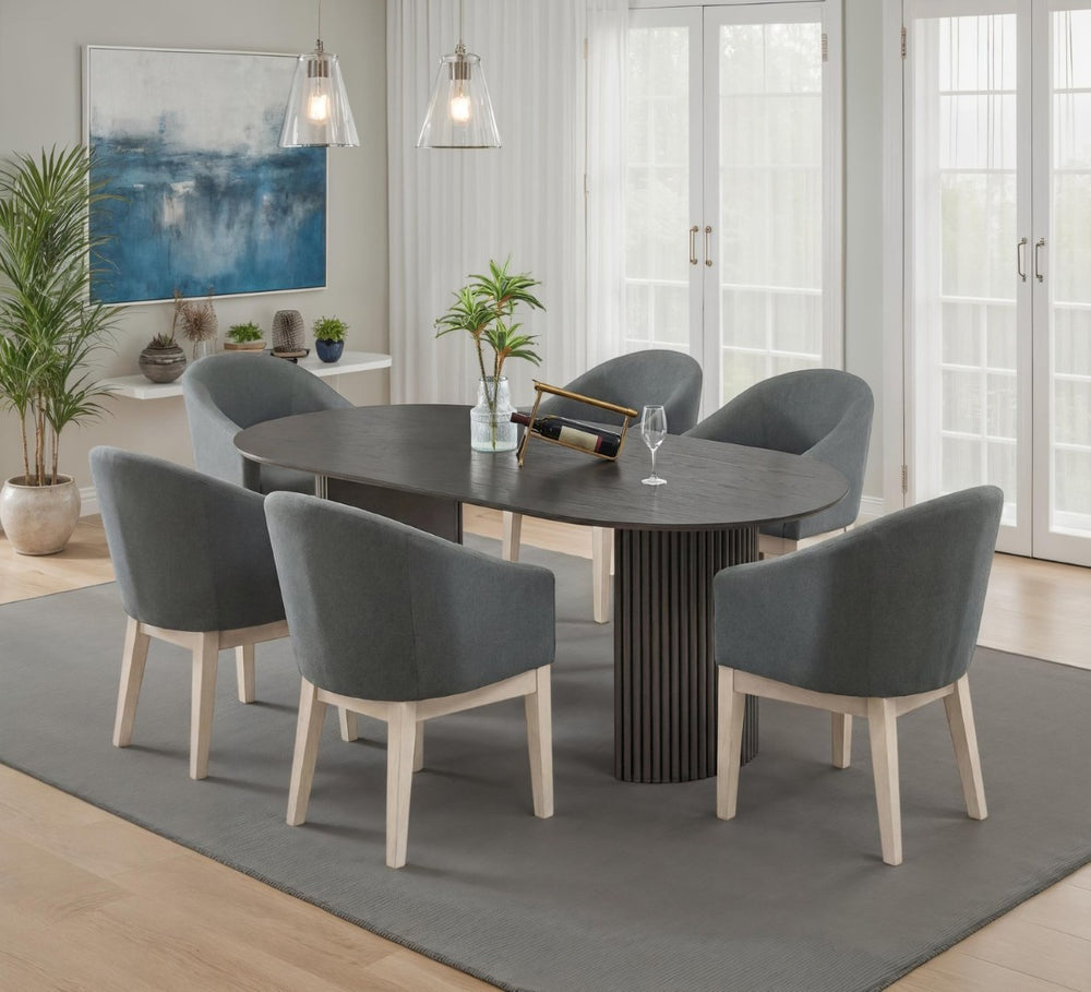 English Elm Venezia Oval Dining Set Gray Oak Veneer Table Fluted Pedestal Six Barrel Chairs B2749S00375