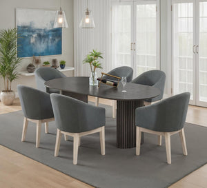 English Elm Venezia Oval Dining Set Gray Oak Veneer Table Fluted Pedestal Six Barrel Chairs B2749S00375