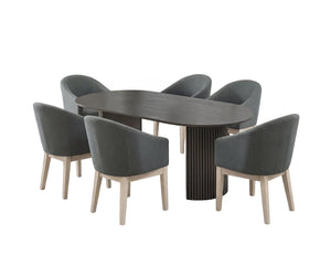 English Elm Venezia Oval Dining Set Gray Oak Veneer Table Fluted Pedestal Six Barrel Chairs B2749S00375