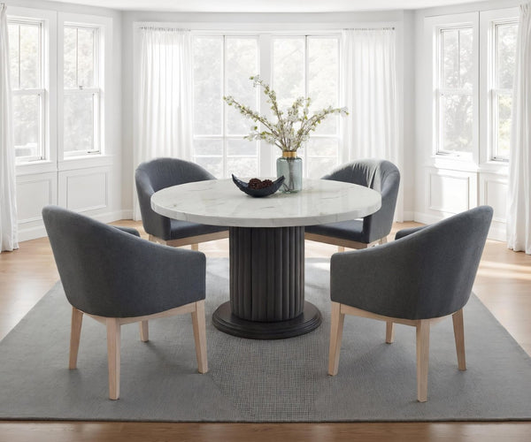 English Elm Venezia Round Faux Marble Dining Set Sculptural Pedestal Four Barrel Chairs Seats Six B2749S00376