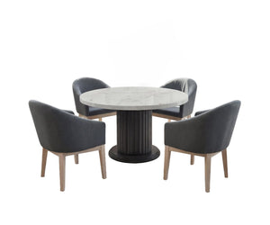 English Elm Venezia Round Faux Marble Dining Set Sculptural Pedestal Four Barrel Chairs Seats Six B2749S00376