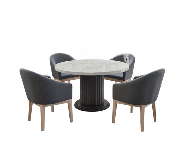 English Elm Venezia Round Faux Marble Dining Set Sculptural Pedestal Four Barrel Chairs Seats Six B2749S00376