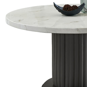 English Elm Venezia Round Faux Marble Dining Set Sculptural Pedestal Four Barrel Chairs Seats Six B2749S00376