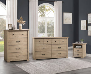 English Elm Elettra 3 Piece Bedroom Set with 6 Drawer Dresser Tall Chest and Usb Charging Nightstand Light Oak B2749S00378