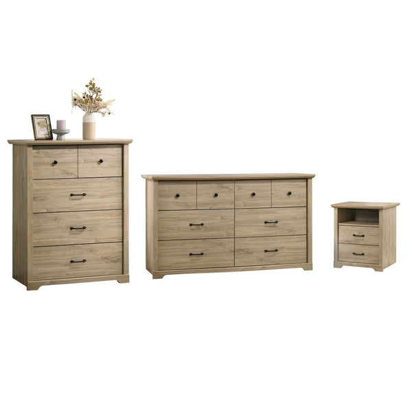 English Elm Elettra 3 Piece Bedroom Set with 6 Drawer Dresser Tall Chest and Usb Charging Nightstand Light Oak B2749S00378