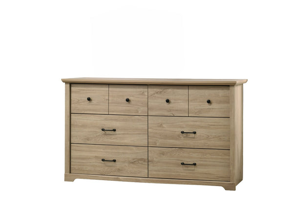 English Elm Elettra 3 Piece Bedroom Set with 6 Drawer Dresser Tall Chest and Usb Charging Nightstand Light Oak B2749S00378