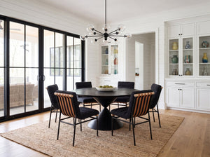 English Elm Honorio Round Ebony Veneer Pedestal Table Set with Six Boucle Upholstered Chairs B2749S00382