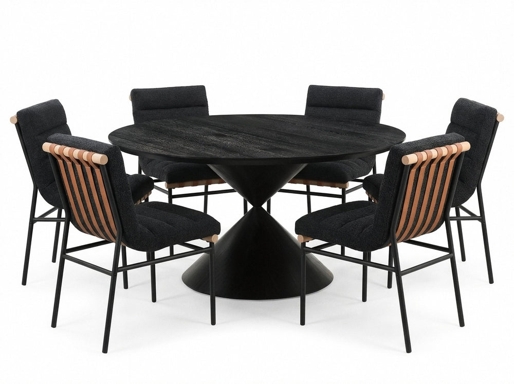 English Elm Honorio Round Ebony Veneer Pedestal Table Set with Six Boucle Upholstered Chairs B2749S00382