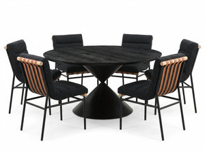 English Elm Honorio Round Ebony Veneer Pedestal Table Set with Six Boucle Upholstered Chairs B2749S00382