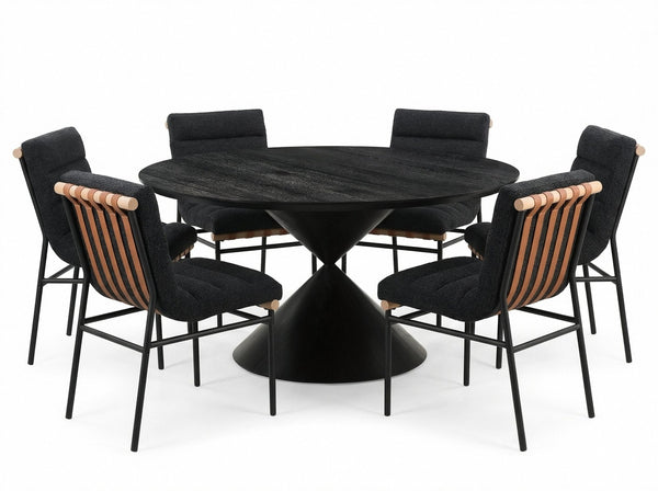 English Elm Honorio Round Ebony Veneer Pedestal Table Set with Six Boucle Upholstered Chairs B2749S00382