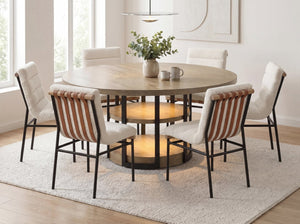 English Elm Elena Round Oak Veneer Dining Set Seats Six with Led Base and Boucle Chairs B2749S00383